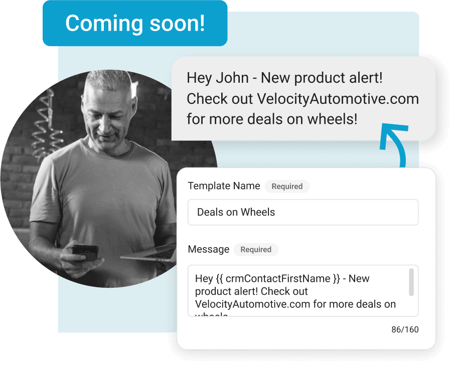 SMS template builder for auto dealership creating personalized product alert text message