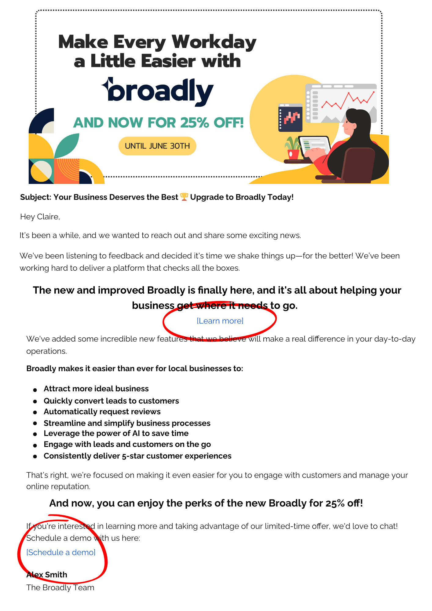 Promotional email from Broadly offering 25% discount with new platform features and demo link