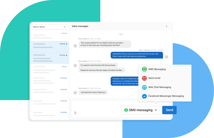 Inbox interface displaying multiple messaging channels: SMS, email, web chat, and Facebook Messenger