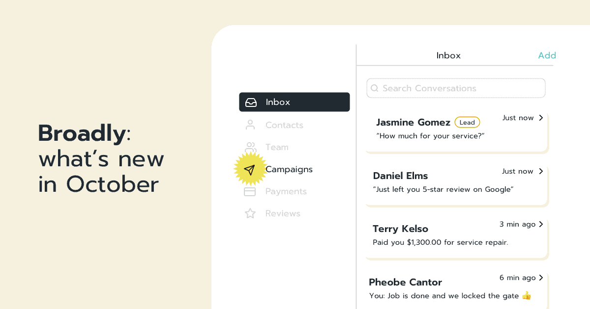 Broadly October update showing navigation menu and customer inbox with messages