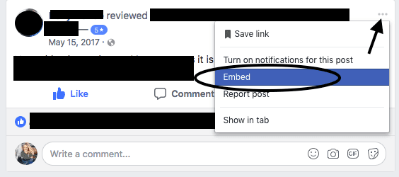 Facebook review dropdown menu showing embed option for sharing