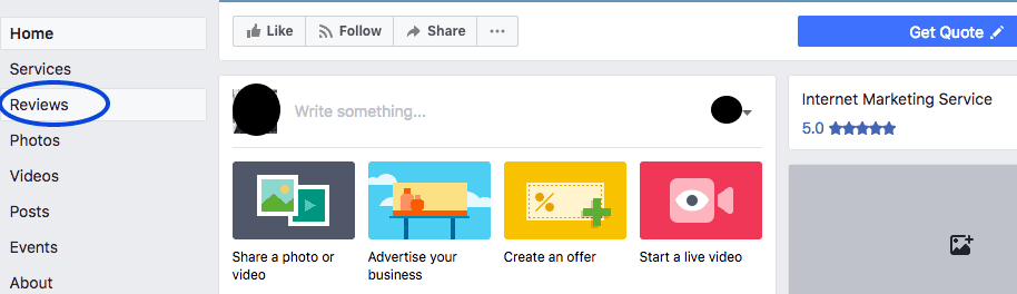 Facebook business page Home tab with the Reviews menu link circled to show where to click
