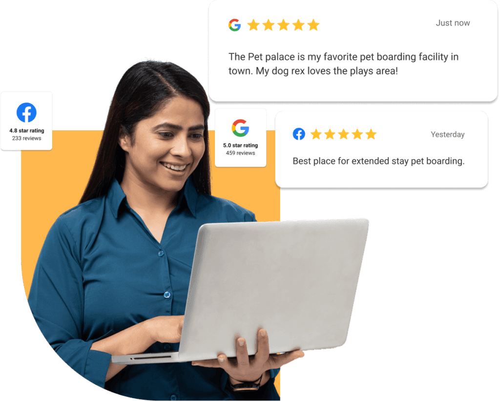 Woman with a laptop next to Google and Facebook review cards showing ratings from 4.8 to 5 stars