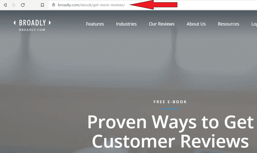 URL highlighted with red arrow on Broadly website