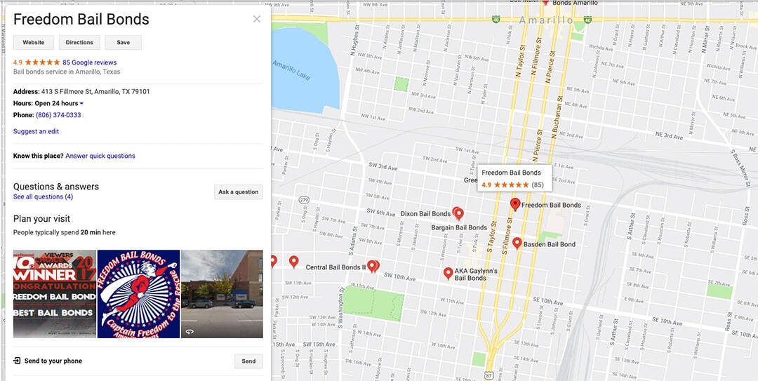 Google Maps listing for Freedom Bail Bonds bail bonds service in Amarillo, Texas