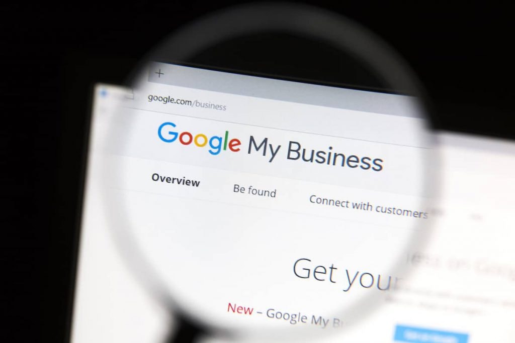 Google My Business homepage viewed through magnifying glass