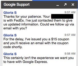 Google Support chat conversation showing customer support agent resolving FedEx issue with coupon