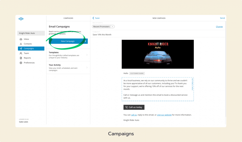 Broadly email campaigns interface with promotional template for automotive business