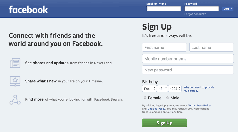 Facebook login and signup interface with email, password, and signup form fields