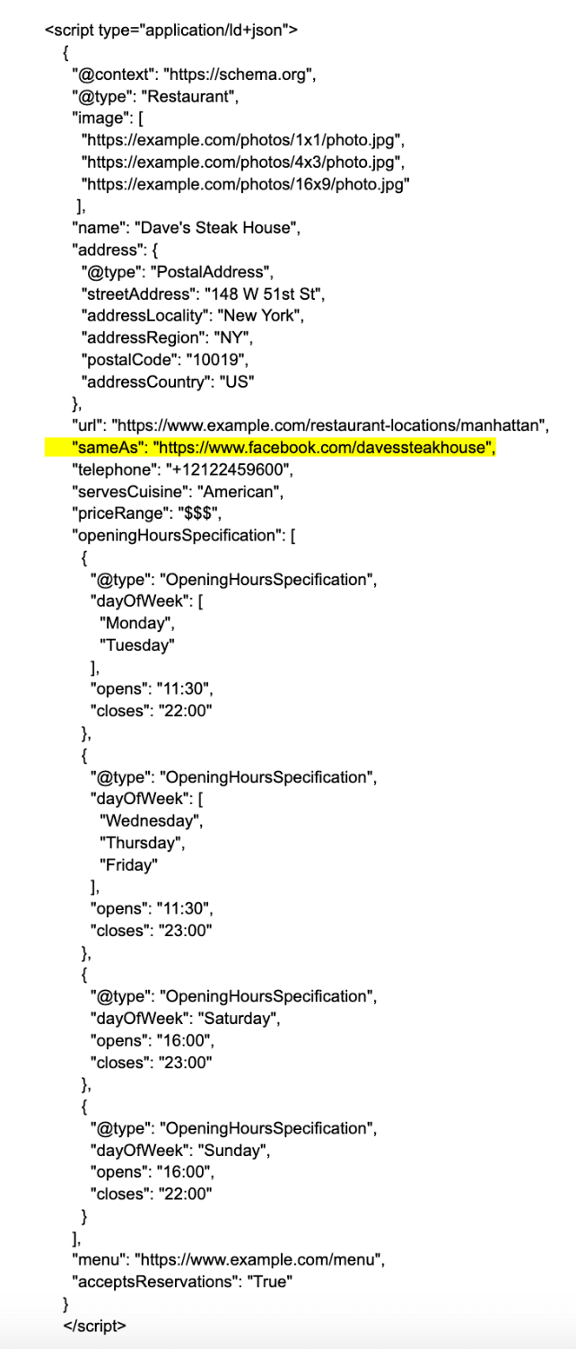 Schema markup code for restaurant business with Facebook review integration