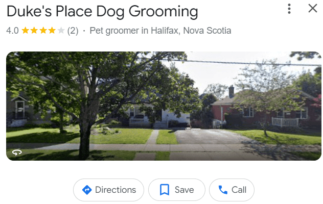 Duke's Place Dog Grooming business listing with 4-star rating in Halifax, Nova Scotia