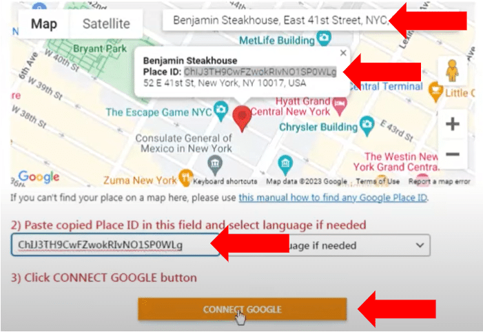 Google Maps location setup for Benjamin Steakhouse with Place ID