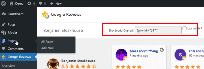 WordPress Google Reviews plugin showing Benjamin Steakhouse reviews