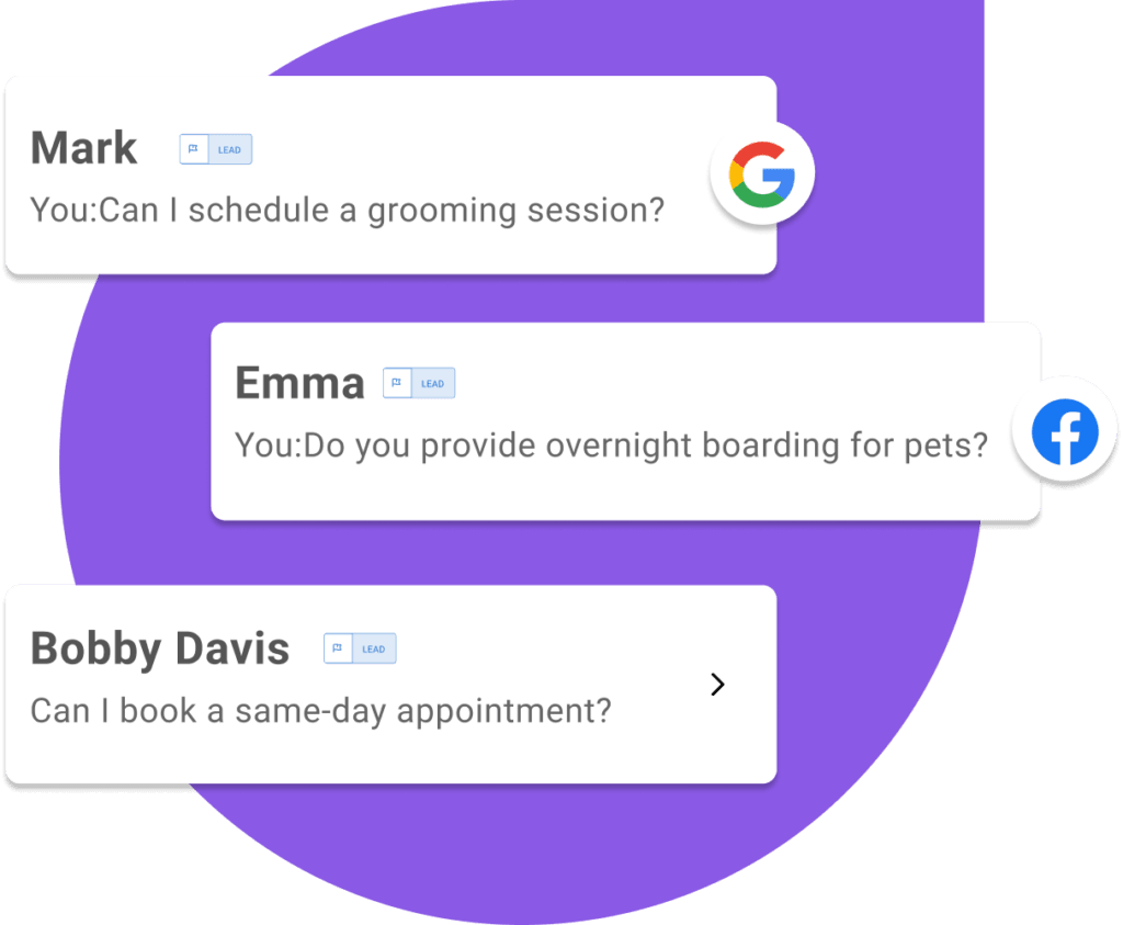 Customer inquiries from Mark, Emma, and Bobby Davis displayed as chat bubbles labeled as leads with social media icons