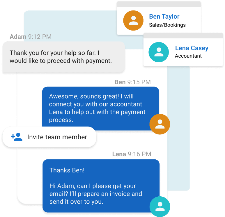 Customer support conversation between Adam, Ben Taylor, and Lena Casey discussing payment process