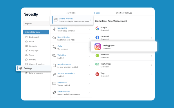 Broadly settings menu showing online profiles for Instagram, Google, Facebook, and other platforms