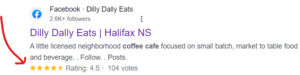 Facebook page listing for Dilly Dally Eats in Halifax, NS with a 4.5-star rating from 104 votes