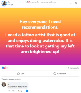 Colorful gradient Facebook post requesting tattoo artist recommendations with skills in watercolor designs