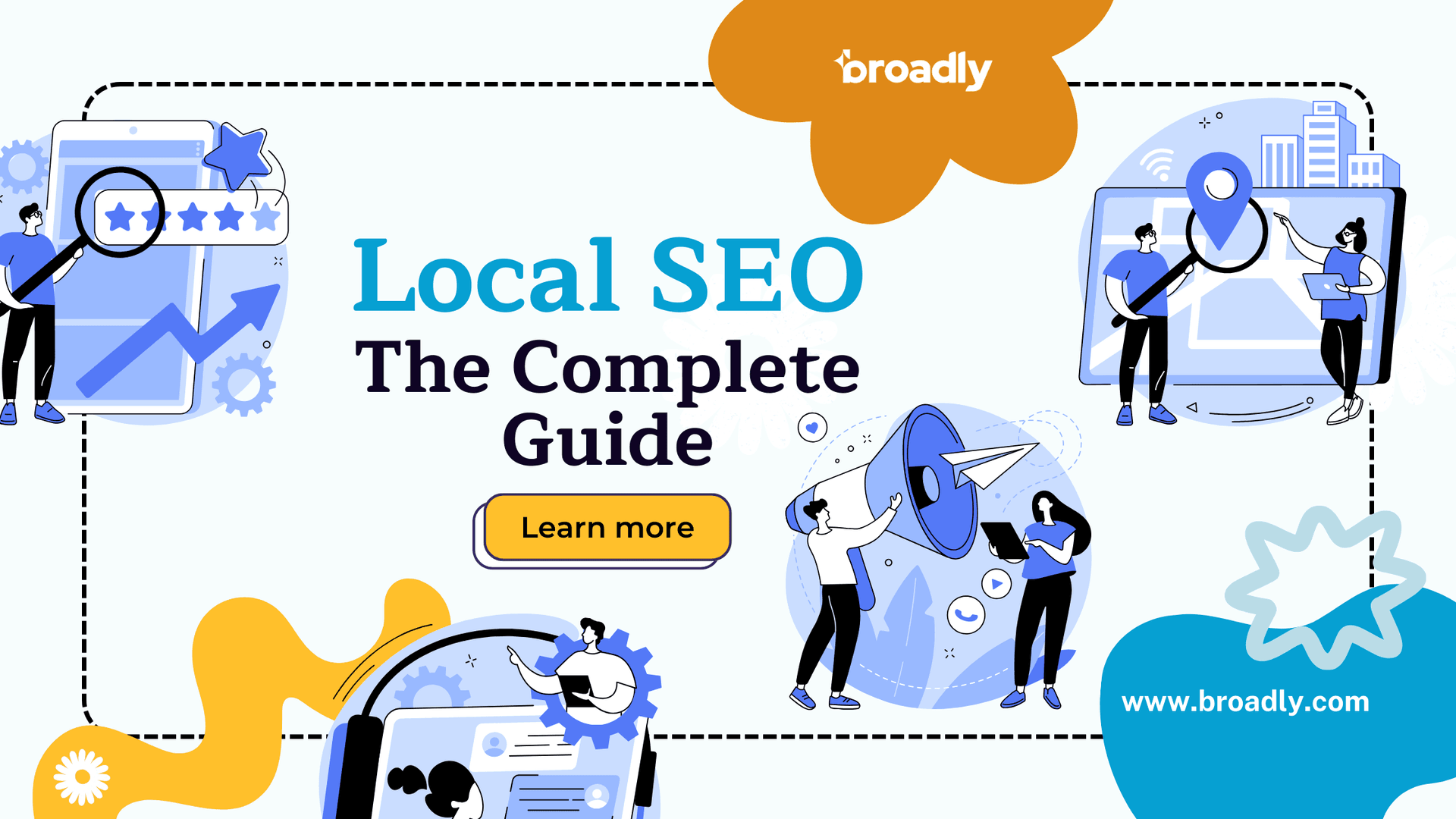 Local SEO The Complete Guide cover with illustrations of reviews, analytics, and marketing
