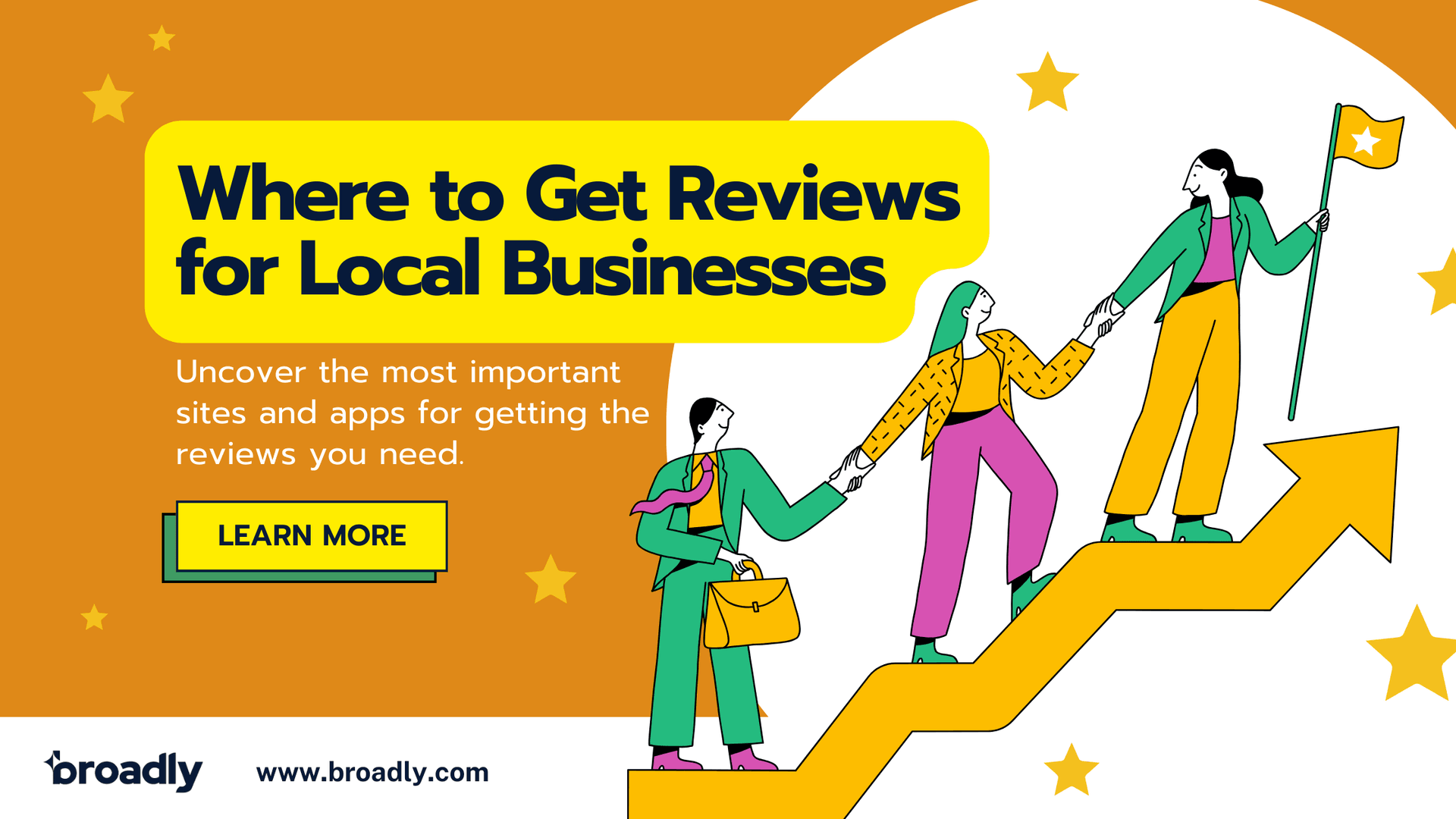 Three people climbing an upward arrow together for a guide on getting reviews for local businesses