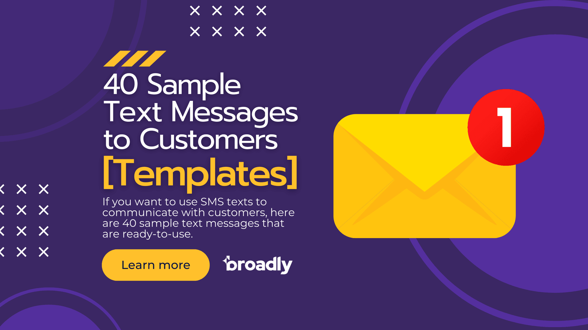 Purple graphic for 40 sample text message templates to customers, with an envelope icon