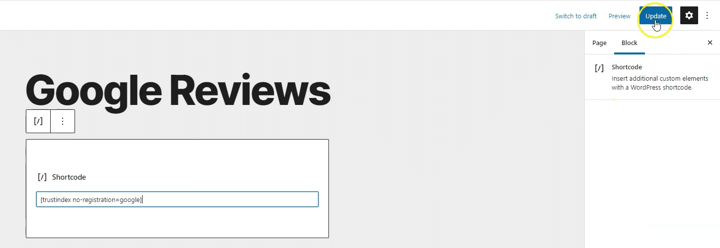 WordPress page editor with Google Reviews title and shortcode