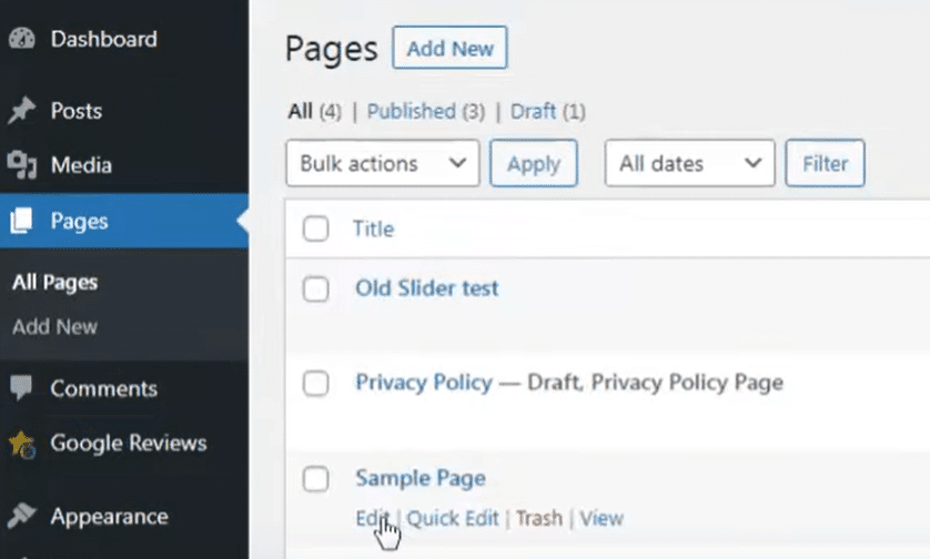 WordPress Pages menu showing Sample Page, Privacy Policy, and other pages
