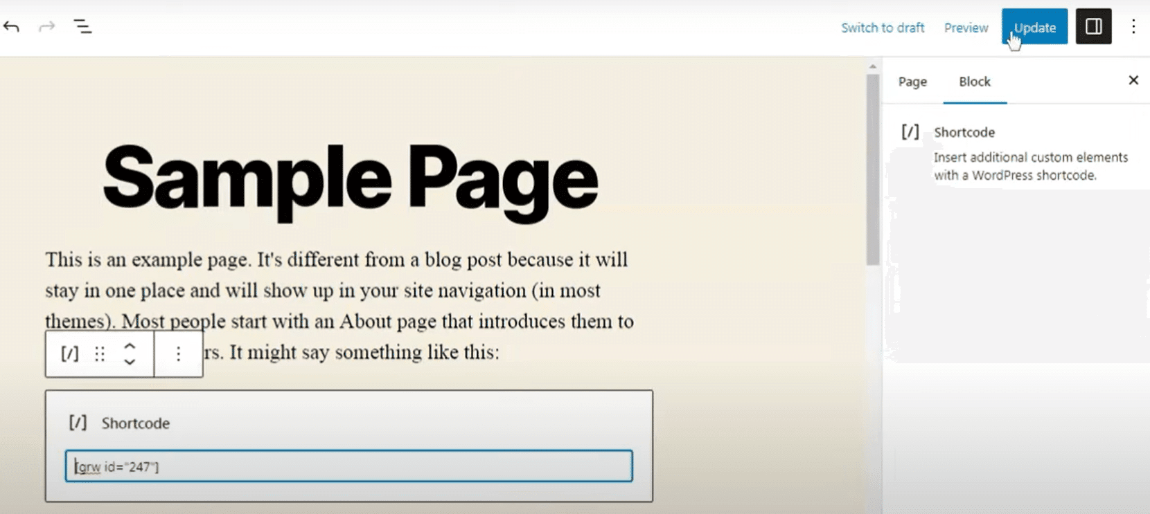 WordPress Sample Page editor with example content and shortcode