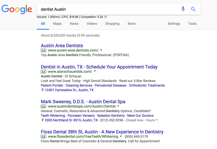 Google search results for dentist Austin showing dental practice ads and listings