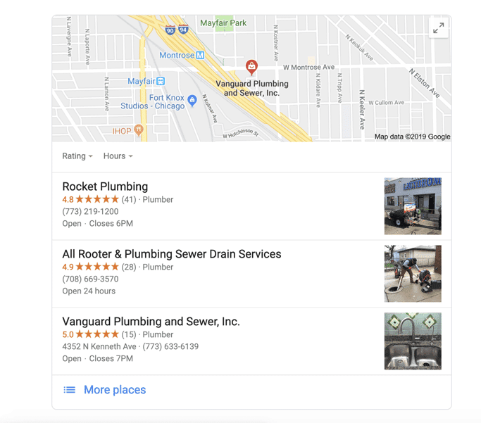 Google Maps search results showing local plumbing businesses with star ratings and photos