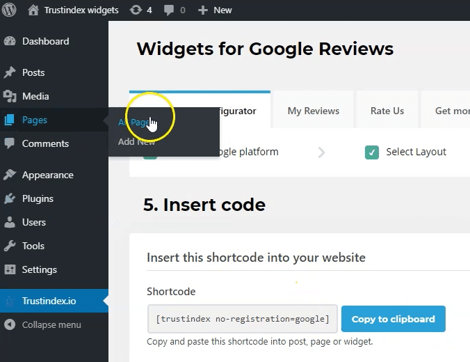 WordPress Widgets for Google Reviews plugin setup with shortcode