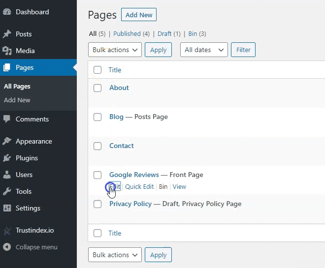 WordPress Pages dashboard with list of pages and status filters