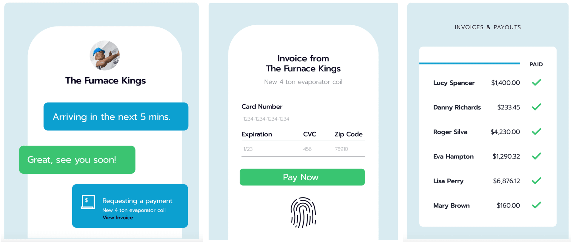 Three interface panels showing customer service chat, payment form, and paid invoices list