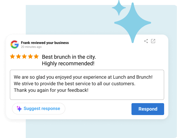 Five-star Google review card displayed with business rating details