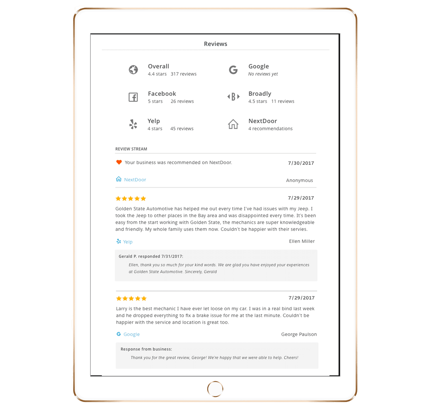 Reviews dashboard showing ratings from Google, Facebook, Yelp, and other platforms