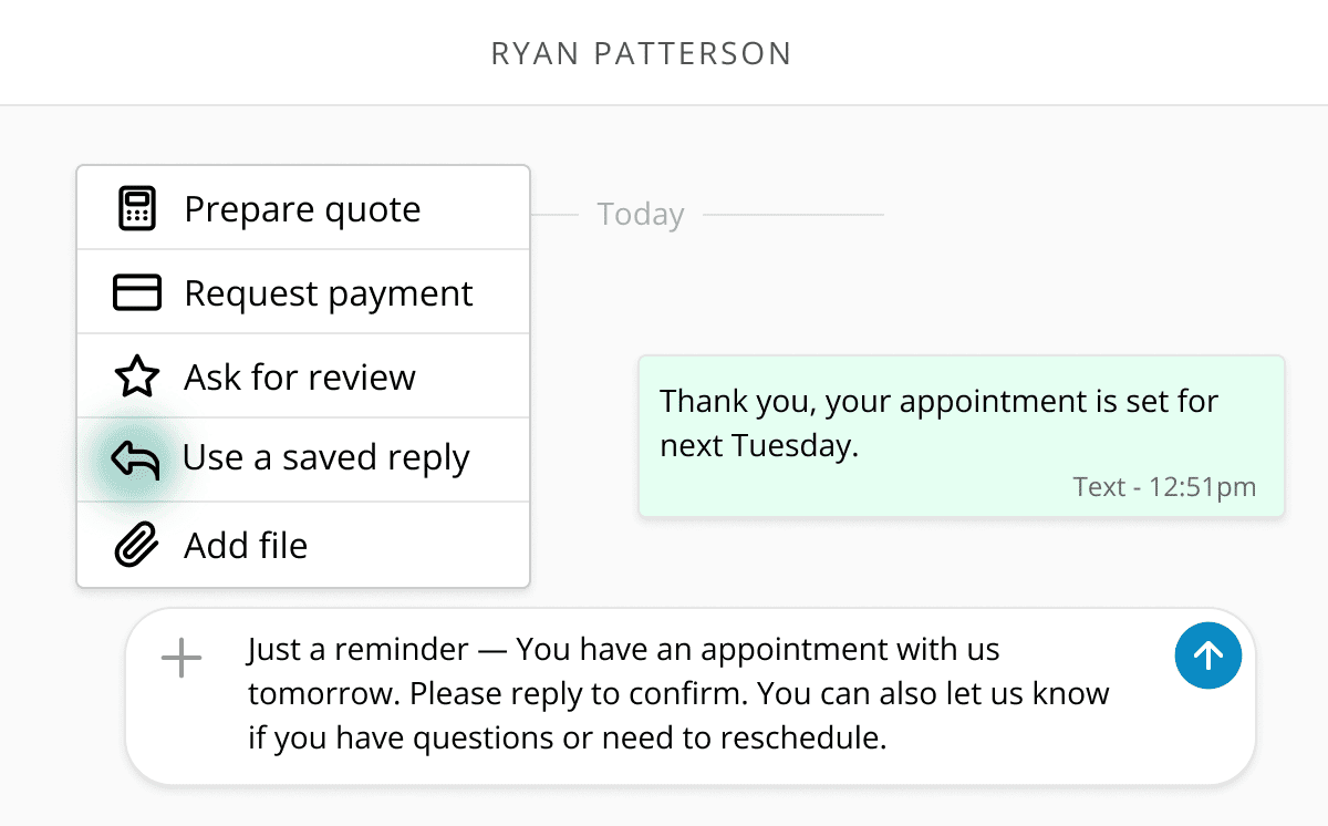 Business messaging interface showing saved reply option for customer communication