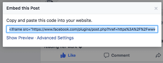 Embed dialog showing iframe code for embedding Facebook post on website
