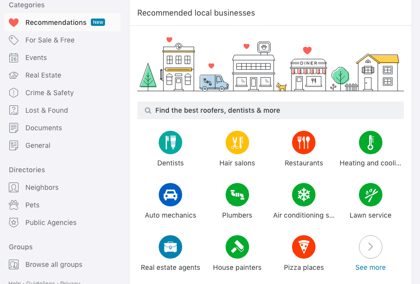 Nextdoor Recommendations page with category icons for dentists, hair salons, restaurants, mechanics