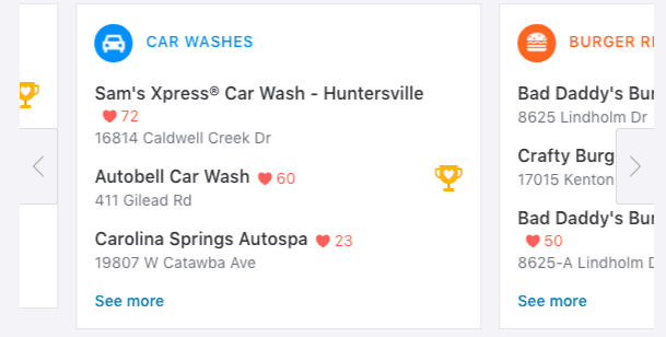 Business search results showing car washes and restaurants with review counts and location details