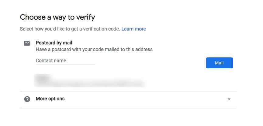 Google My Business verification method selection with postcard by mail option