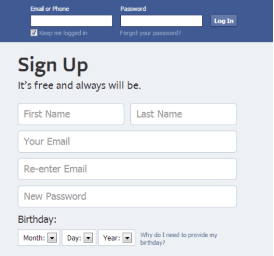 Login and sign up form with email, password, and registration fields