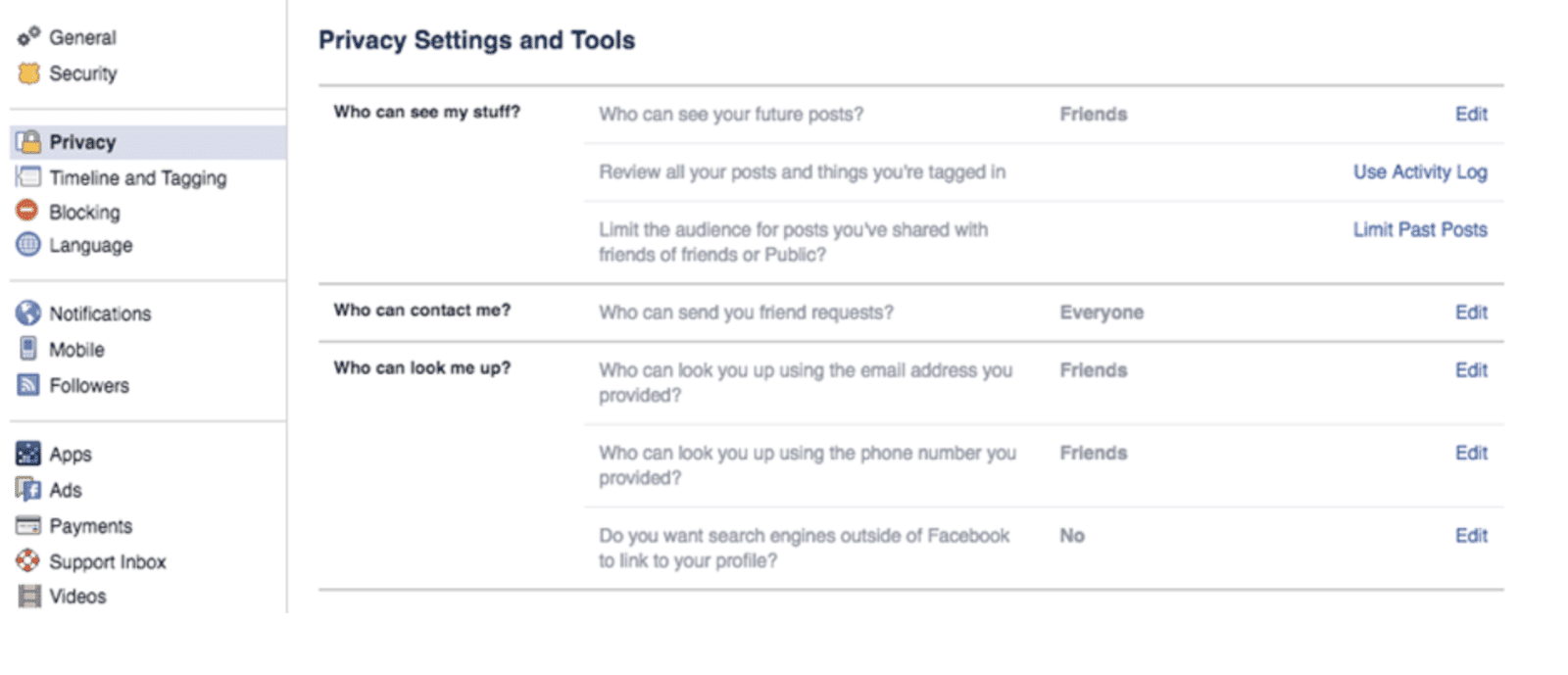 Facebook privacy settings page showing visibility and contact controls