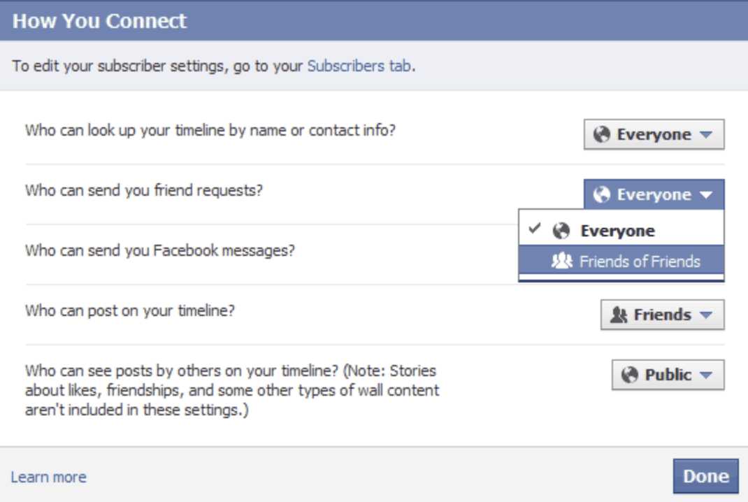 Facebook 'How You Connect' privacy settings with audience dropdowns