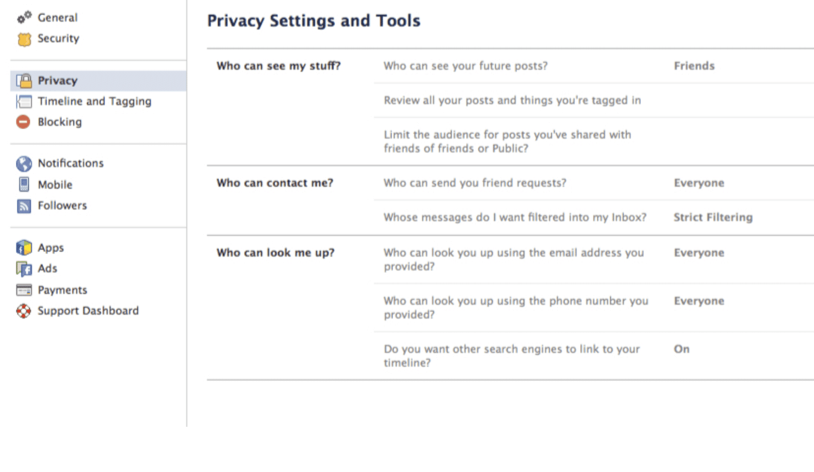 Facebook privacy settings with contact, search, and visibility options