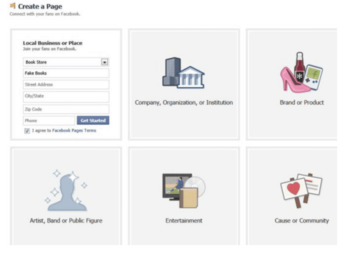 Facebook Create a Page form with category options for Local Business, Company, Brand, Artist, Entertainment, Cause