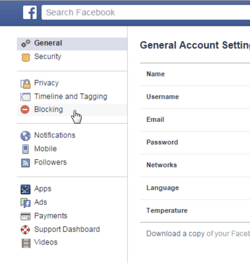 Facebook General Account Settings page with fields for Name, Username, Email, Password, Networks, and Language