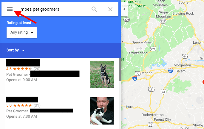 Google Maps search results showing pet groomer businesses with ratings and photos