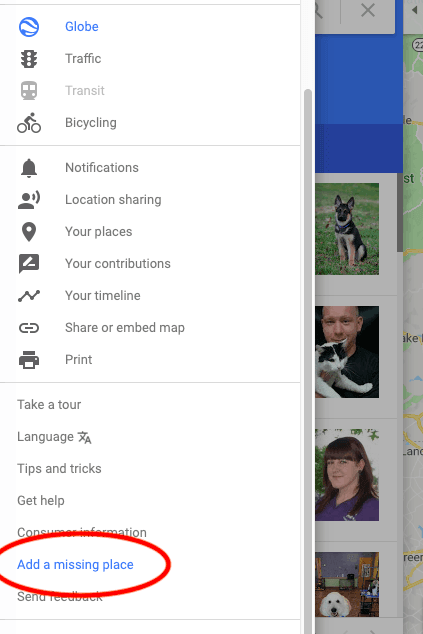Google Maps menu with options including 'Add a missing place' highlighted