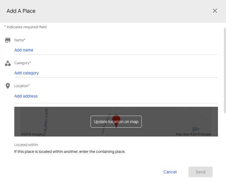 Google Maps 'Add A Place' form with fields for name, category, and location