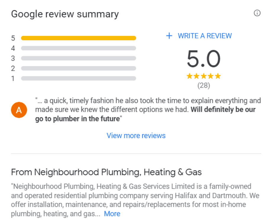 Google review summary with 5.0-star rating and testimonial for a plumbing company